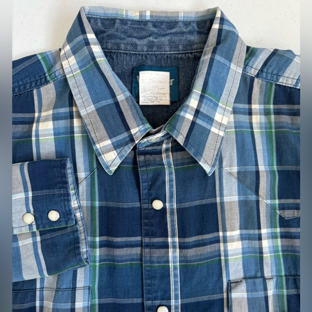 Wangler Men's XLT 100% Cotton Blue White Green Plaid Long Sleeve Snap Button Up